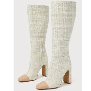 Ally-C Natural Multi Boucle Knee-High Boot with Genuine Leather Toe